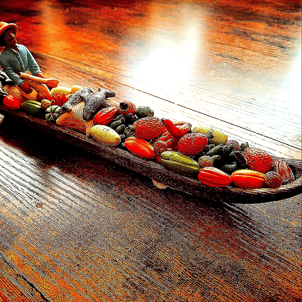 Floating Market Boat Filled With Fruit/Veggie/Fish Columbian Folk Art Vtg